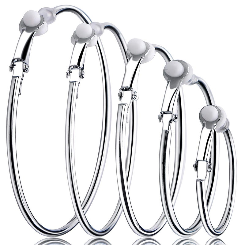 Aylifu 5 Pairs Silver Clip on Earrings Hoop Non Piercing Women Clip Earrings for Women, 5 Sizes - Image 1