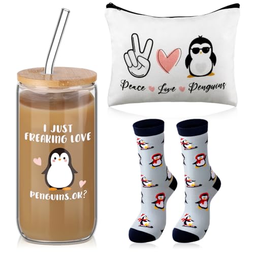 Layhit 3 Pcs Penguin Gifts for Women Thank You Gift 16 oz Coffee Glass Cosmetic Makeup Bag Cute Socks for Mom Teacher Colleague Employee Friend - Image 1