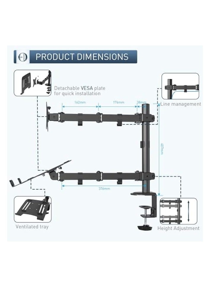 PROMASS Laptop Monitor Mount Stand Notebook Desk Mount Adjustable Vesa 75/100 Max Load 9KG Compatible With 17-32" Monitor Or 13-17" Laptop ith Clamp And Grommet Mounting Base - Image 5