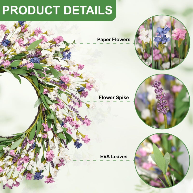 Artgar Front Door Wreath 26 Inch Spring/Summer Wreaths for Front Door, Front Door Wreaths for All Seasons for Indoor Outdoor Home Office Wall Window Wedding Farmhouse Decor (Purple Blue) - Image 2