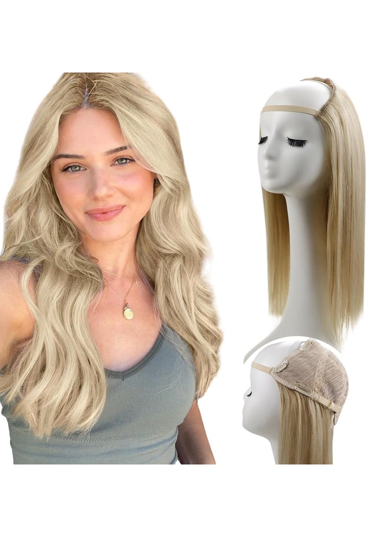 RUNATURE RUNATURE Glueless U Part Wig 14 Inch U Part Human Hair Wig Dark Ash Blonde with Light Blonde U Wigs 150 Density Upgrade U Shape Hair Wig with Middle Cap Thick Remy Hair 