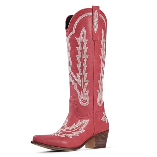 Ouepiano Cowboy Boots for Women Red Cowgirl Knee High Boots with Classic Embroidered Pull On Pointed Toe Chunky Heel Vintage Wedding Country Tall Western Boots Size 9 - Image 1