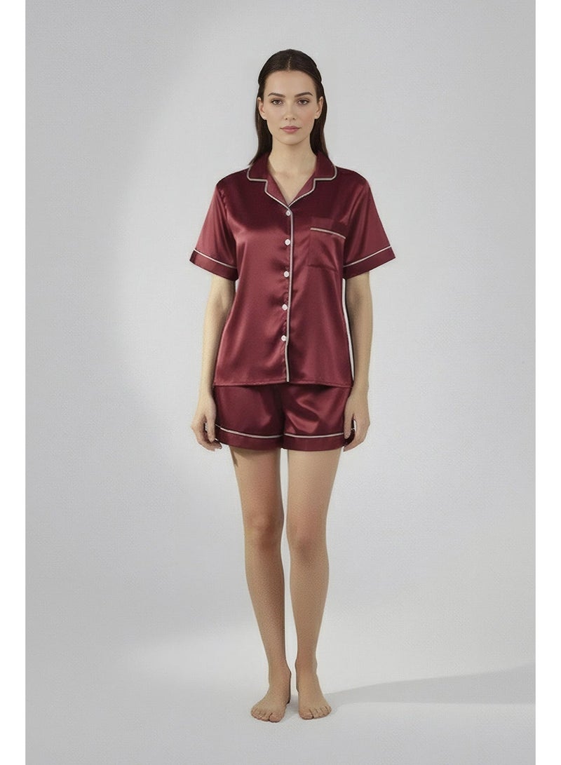 Silk N Love Pack of 2 - Shirt Top + Shorts - Maroon Poly Jersey Pajama Set for Ladies Women Clothes Girls Night Wearing Nighty Sleepwear Lingerie Dress Pyjama Set - Image 1