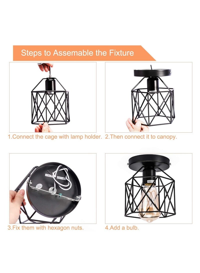 Vintage Ceiling Light, Industrial Semi-Flush Mount Chandeliers with Metal Cage, E27 Base Ceiling Lamp Fixture for Porch Hallway Kitchen Farmhouse Lighting (Black, 2 Packs)  - Image 5