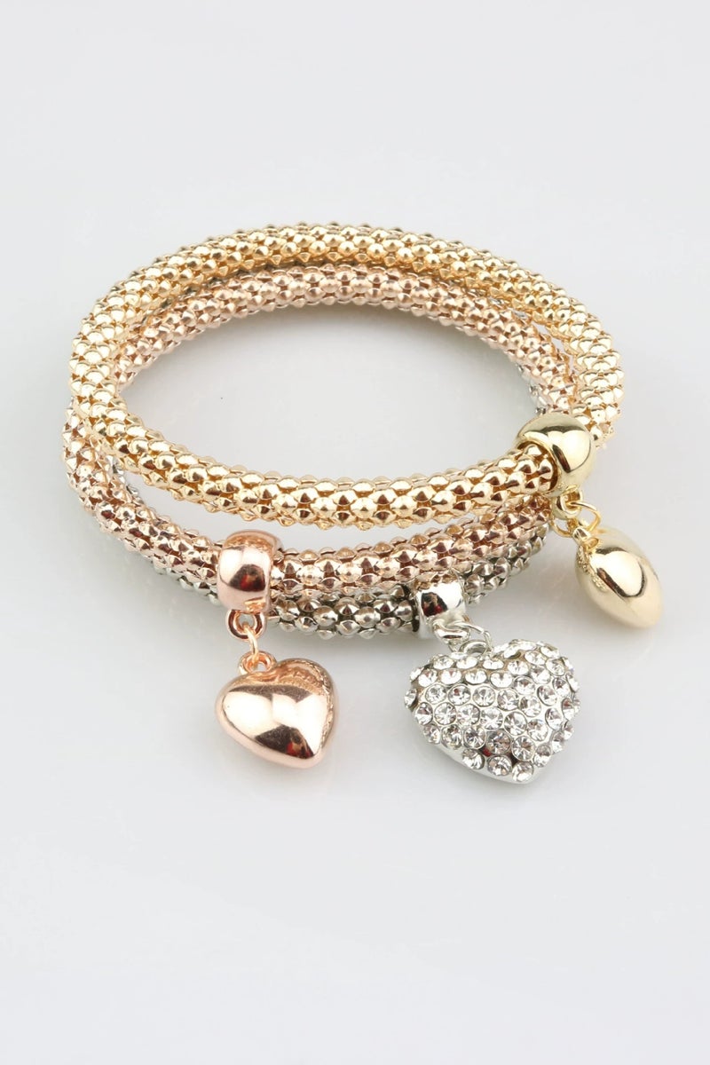 Goolsky Korean Style Heart Zircon Bracelet Set – 3-Piece Elastic Bangles in Gold, Silver & Rose Gold - Image 1