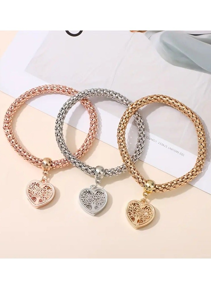 Goolsky Korean Style Heart Zircon Bracelet Set – 3-Piece Elastic Bangles in Gold, Silver & Rose Gold - Image 4