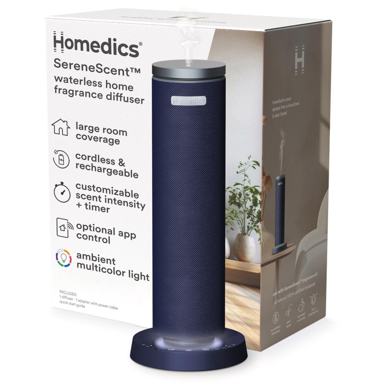 Homedics SereneScent Fabric Rechargeable Waterless Diffuser Use with Homedics SereneScent Oil 120ml Sold Separately Cordless Aromatherapy Adjustable Mist Timer 6 Calming Lights Future Dusk