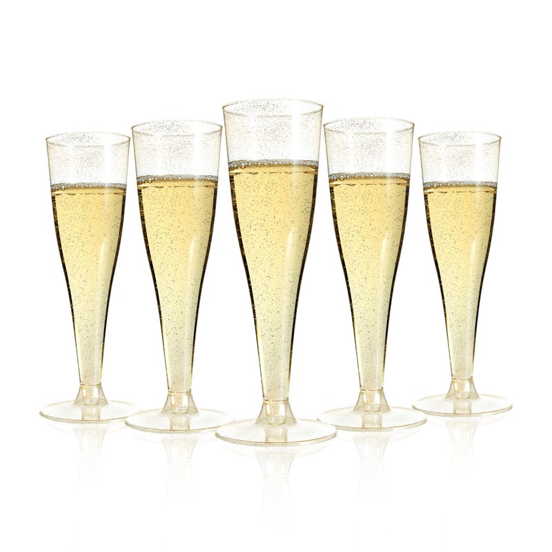 Bestluck 100 Pack Champagne Flutes Plastic, 4.5 oz Gold Glitter Plastic Disposable Stemware, Disposable Champagne Flutes for Party, Mimosa Bar, Wedding, Anniversary and Graduation - Image 1