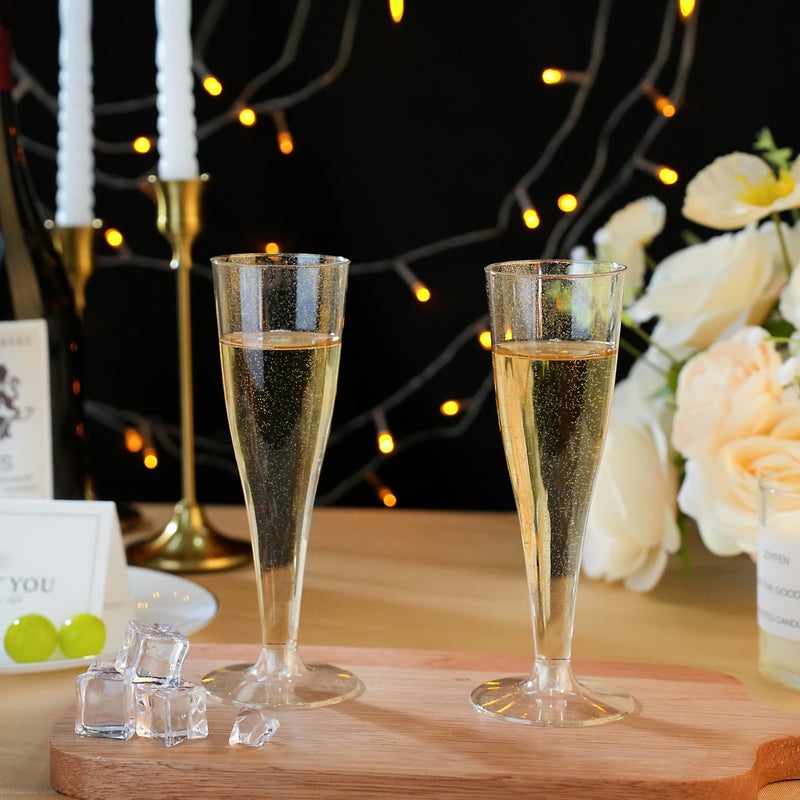 Bestluck 100 Pack Champagne Flutes Plastic, 4.5 oz Gold Glitter Plastic Disposable Stemware, Disposable Champagne Flutes for Party, Mimosa Bar, Wedding, Anniversary and Graduation - Image 3