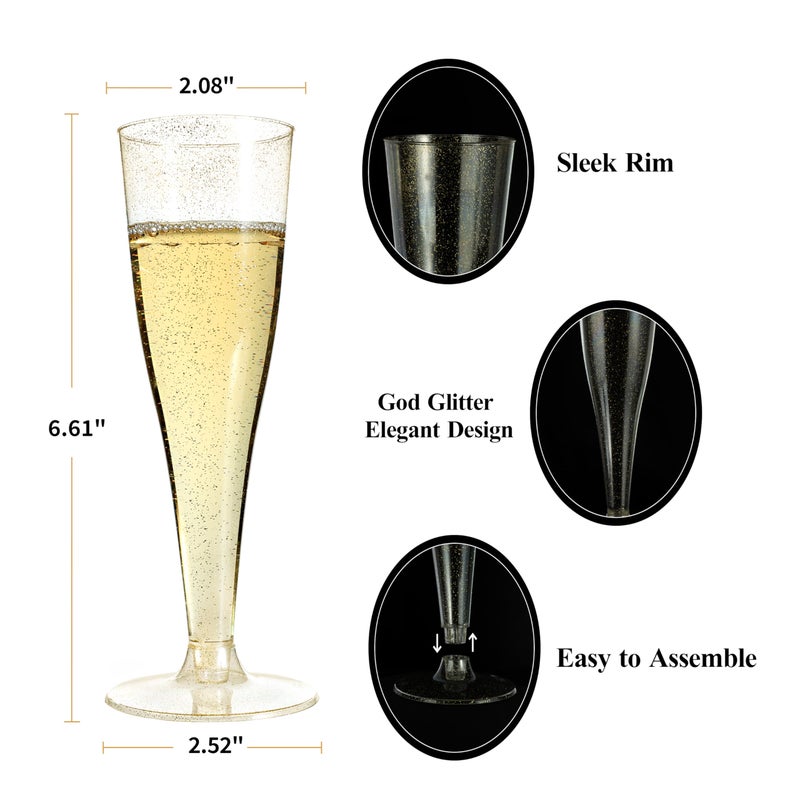 Bestluck 100 Pack Champagne Flutes Plastic, 4.5 oz Gold Glitter Plastic Disposable Stemware, Disposable Champagne Flutes for Party, Mimosa Bar, Wedding, Anniversary and Graduation - Image 2