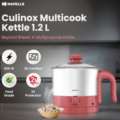 Havells Culinox Multicook Kettle| 1.2 L Capacity| Food Grade Body with Cool Touch Handle| 3 Temperature Modes| Double Safety Protection| SS 304 Ring Glass Lid| 2 Years Door Step Warranty by Havells - Image 2
