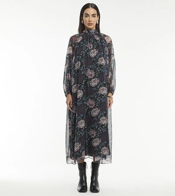 بي سي بي جي BCBG PRINTED BOW NECK SILK BLEND MIDI DRESS