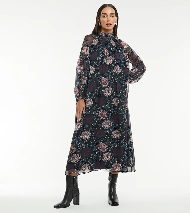 بي سي بي جي BCBG PRINTED BOW NECK SILK BLEND MIDI DRESS