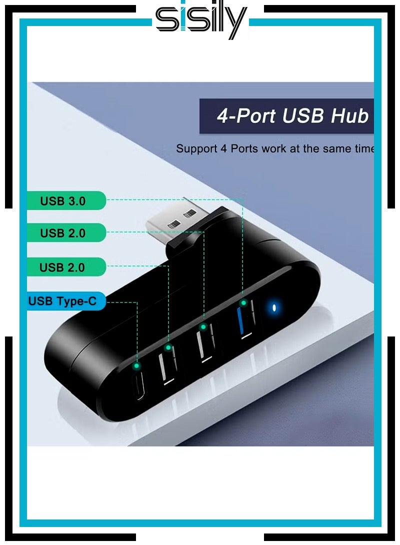 Sisily 4-Port USB 3.0 Hub [90°/180° Degree Rotatable], USB Splitter with USB A & USB C Ports USB Expander for Laptop, Car, Mac Pro, iMac, MacBook Air, MacBook Pro, MacBook and More - Image 1