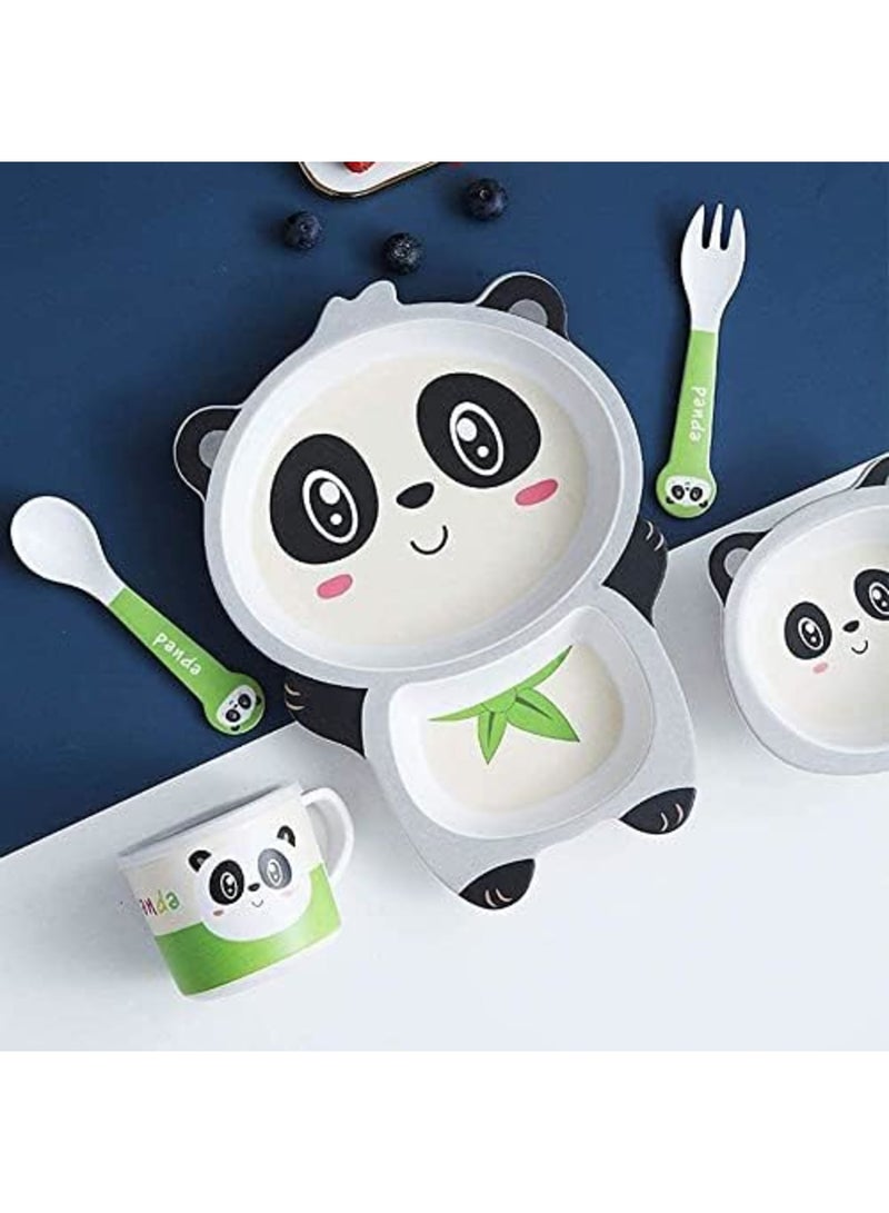 Luckam مجموعة أدوات تناول الطعام للأطفال 5 قطع - أطباق الأطفال - طبق طعام، وعاء، كوب، ملعقة، وشوكة من ألياف البامبو الطبيعية، خالية من BPA وآمنة للغسالة (باندا) - Image 5