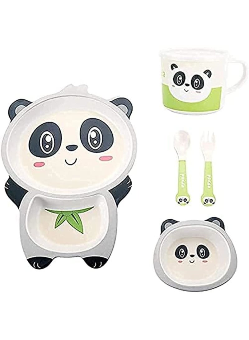 Luckam مجموعة أدوات تناول الطعام للأطفال 5 قطع - أطباق الأطفال - طبق طعام، وعاء، كوب، ملعقة، وشوكة من ألياف البامبو الطبيعية، خالية من BPA وآمنة للغسالة (باندا) - Image 1