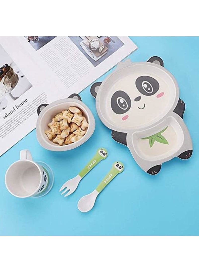 Luckam مجموعة أدوات تناول الطعام للأطفال 5 قطع - أطباق الأطفال - طبق طعام، وعاء، كوب، ملعقة، وشوكة من ألياف البامبو الطبيعية، خالية من BPA وآمنة للغسالة (باندا) - Image 3
