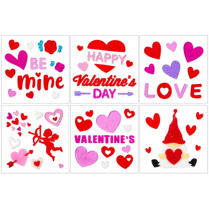 HOHUCRAB 6 Sheets Valentines Day Gel Window Clings, Red Heart, Cupid, Gnome, Happy Valentines for Glass Windows Bulletin Board and Wedding Anniversary Party Decorations, Valentines Day Decor Stickers - Image 1