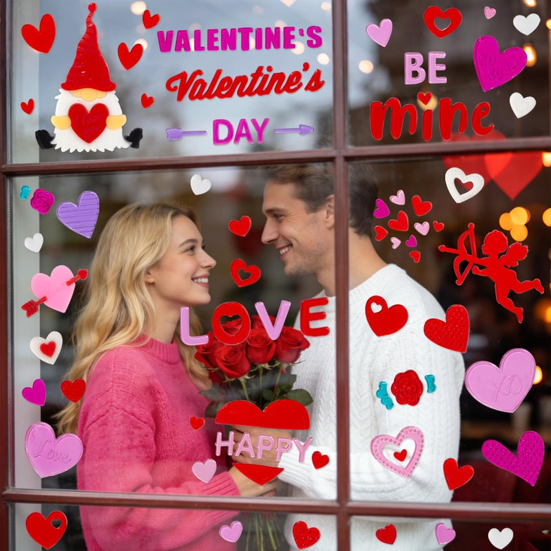 HOHUCRAB 6 Sheets Valentines Day Gel Window Clings, Red Heart, Cupid, Gnome, Happy Valentines for Glass Windows Bulletin Board and Wedding Anniversary Party Decorations, Valentines Day Decor Stickers - Image 5