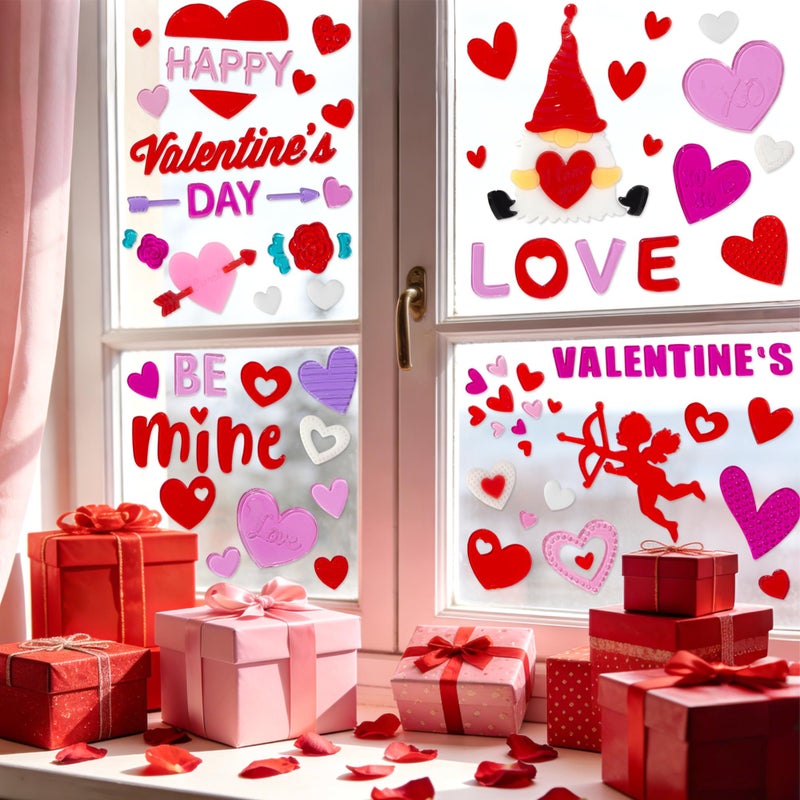 HOHUCRAB 6 Sheets Valentines Day Gel Window Clings, Red Heart, Cupid, Gnome, Happy Valentines for Glass Windows Bulletin Board and Wedding Anniversary Party Decorations, Valentines Day Decor Stickers - Image 4