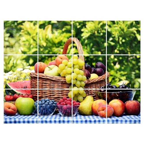 Brandian Kitchen Tile Stickers Fresh Fruit Theme for Kitchen Backsplash, Waterproof Peel and Stick Tile Decals, Easy to Clean (12pcs, Pre Cut Tiles) - Image 1
