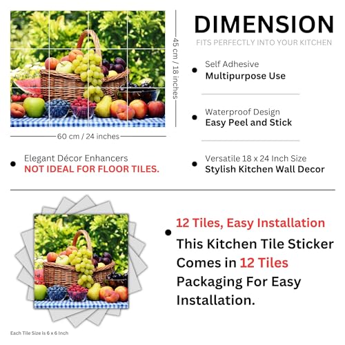 Brandian Kitchen Tile Stickers Fresh Fruit Theme for Kitchen Backsplash, Waterproof Peel and Stick Tile Decals, Easy to Clean (12pcs, Pre Cut Tiles) - Image 5