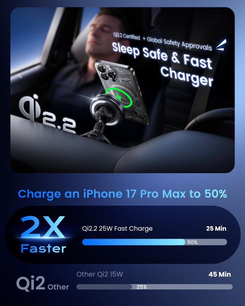 avedio links Qi2.2 25W Wireless Car Charger Magnetic Phone Holder Mount for Magsafe with Cooler for Air Vent, Wireless Fast Charger 25W for iPhone 16-17 Series with iOS 26,15W for iPhone 12-15 (Grey) - Image 3