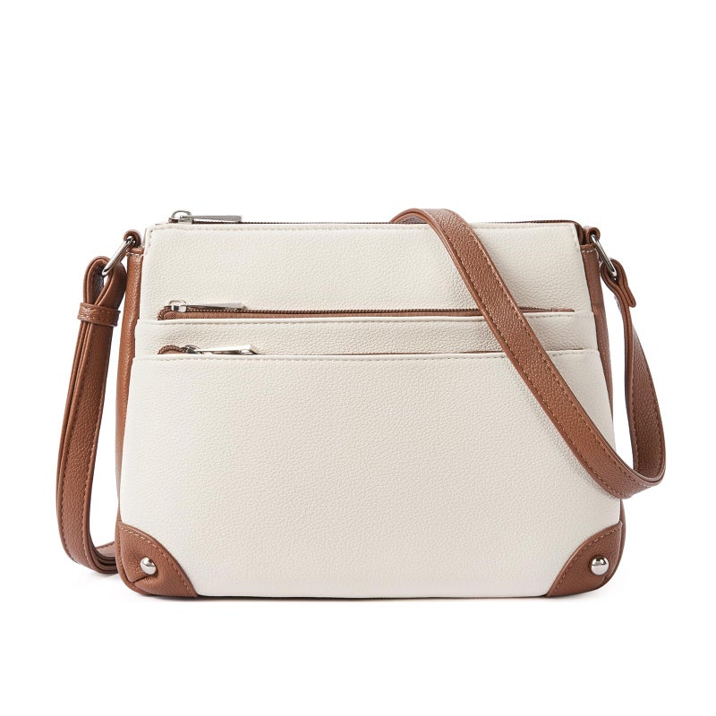 WESTBRONCO Crossbody Bags for Women, Medium Size Shoulder Handbags, Wallet Satchel Purse with Multi Zipper Pocket Beige with Brown - Image 1
