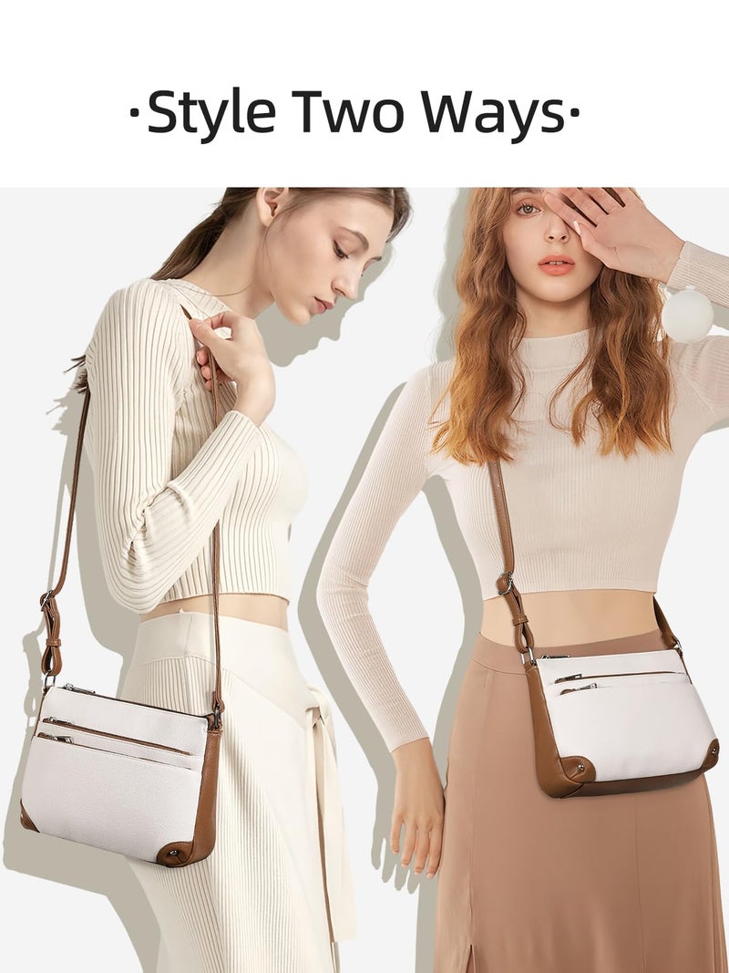 WESTBRONCO Crossbody Bags for Women, Medium Size Shoulder Handbags, Wallet Satchel Purse with Multi Zipper Pocket Beige with Brown - Image 2