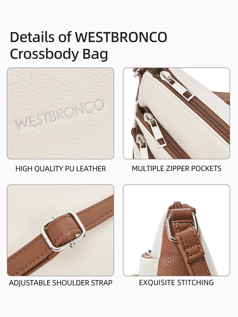 WESTBRONCO Crossbody Bags for Women, Medium Size Shoulder Handbags, Wallet Satchel Purse with Multi Zipper Pocket Beige with Brown - Image 4