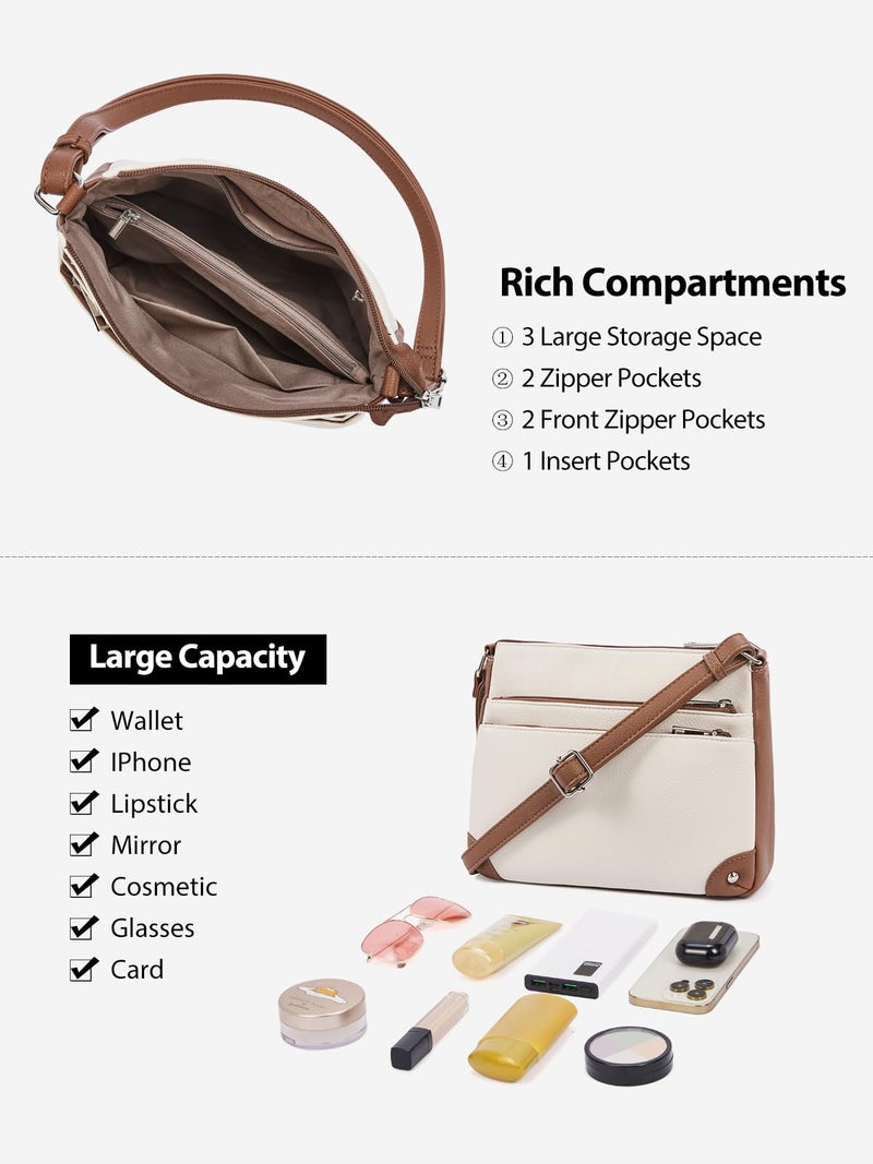 WESTBRONCO Crossbody Bags for Women, Medium Size Shoulder Handbags, Wallet Satchel Purse with Multi Zipper Pocket Beige with Brown - Image 5