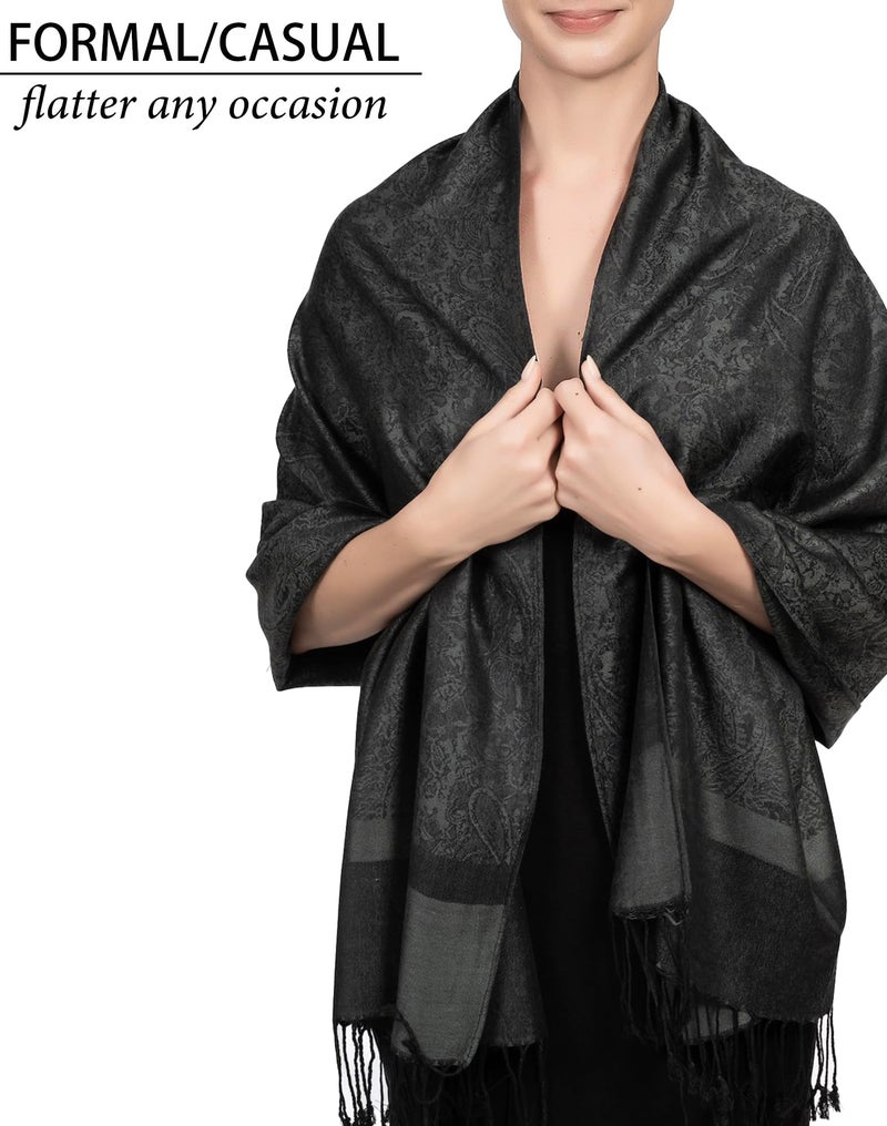 Achillea Women's Two Tone Vintage Jacquard Paisley Pashmina Shawl Wrap Scarf (Charcoal Gray) - Image 4