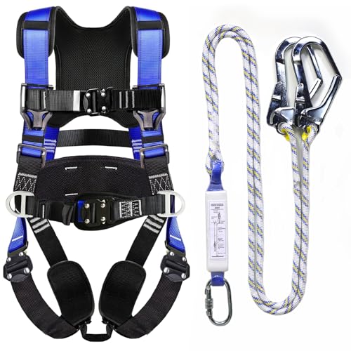 WHITEDEW Fall Protection Premium Safety Harness with Shock Absorbing Lanyard, Vented & Padded Shoulder, Legs & Back - Upgrade 4 Quick Buckles (Blue) - Image 1
