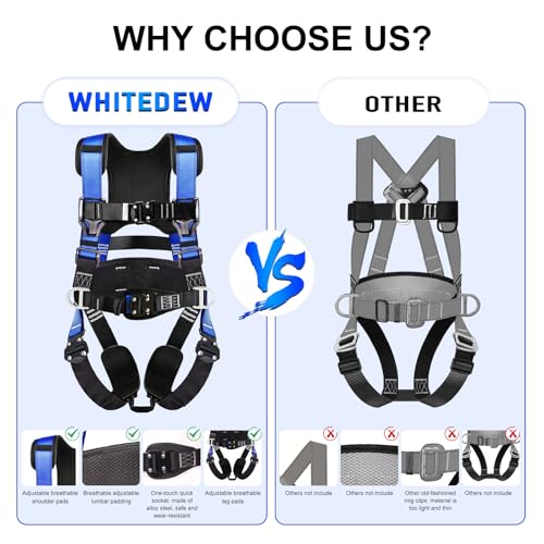 WHITEDEW Fall Protection Premium Safety Harness with Shock Absorbing Lanyard, Vented & Padded Shoulder, Legs & Back - Upgrade 4 Quick Buckles (Blue) - Image 4