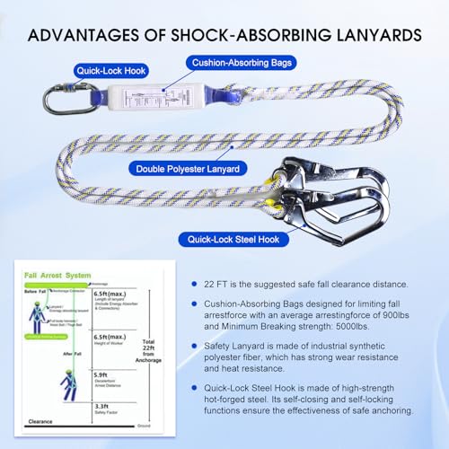 WHITEDEW Fall Protection Premium Safety Harness with Shock Absorbing Lanyard, Vented & Padded Shoulder, Legs & Back - Upgrade 4 Quick Buckles (Blue) - Image 5