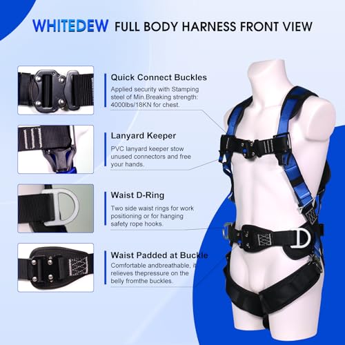 WHITEDEW Fall Protection Premium Safety Harness with Shock Absorbing Lanyard, Vented & Padded Shoulder, Legs & Back - Upgrade 4 Quick Buckles (Blue) - Image 2