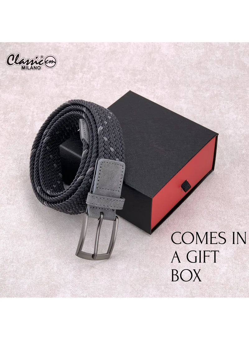 Classic Milano Grey (DWE-316) Classic Milano Braided Cotton Elastic Stretch Belt for Men & Women, Woven Canvas Web Belt with Gift Box, Adjustable Men's Belt | Full Length: 110CM (Free Size - Fits up to the waist of 40 Inches / 100 CM)  | Best Price UAE