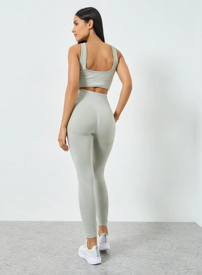 Styli Active  Grey Tonal Jacquard Low Back Sports Bra and Leggings Set for Women | Best Price UAE