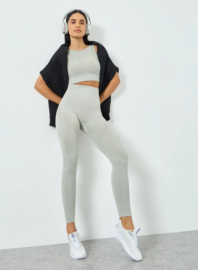 Styli Active Grey Tonal Jacquard Low Back Sports Bra and Leggings Set