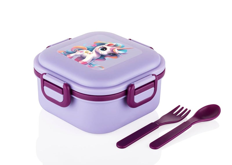 ATTRO Quick Bite Unicorn Magic Lunch Box Box with 3 Compartment Fork & Spoon BPA Free Food Grade Ideal for Kids School, Picnic & Outdoor- 800ml Lavender, Plastic - Image 1