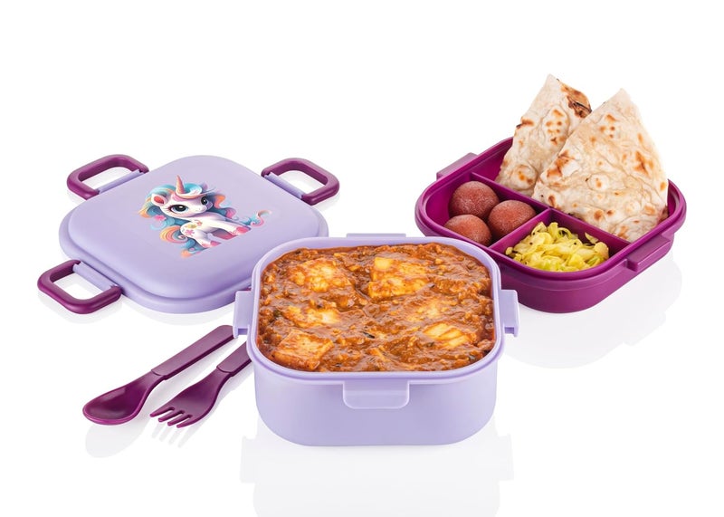 ATTRO Quick Bite Unicorn Magic Lunch Box Box with 3 Compartment Fork & Spoon BPA Free Food Grade Ideal for Kids School, Picnic & Outdoor- 800ml Lavender, Plastic - Image 3