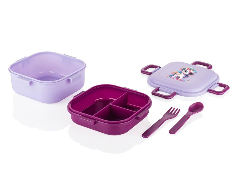 ATTRO Quick Bite Unicorn Magic Lunch Box Box with 3 Compartment Fork & Spoon BPA Free Food Grade Ideal for Kids School, Picnic & Outdoor- 800ml Lavender, Plastic - Image 2