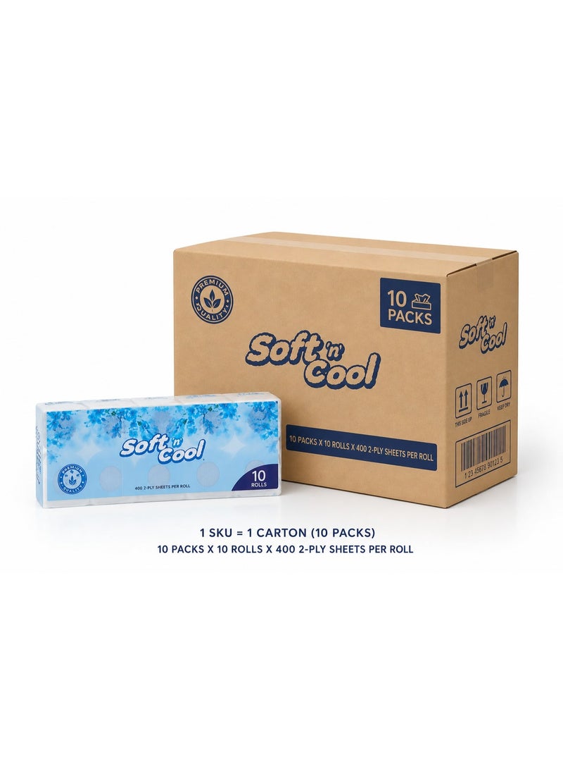 Soft n Cool لفائف مرحاض ناعمة وباردة عالية الامتصاص معقمة ناعمة وقوية 400 ورقة × 2 طبقة 10 لفات - Image 1