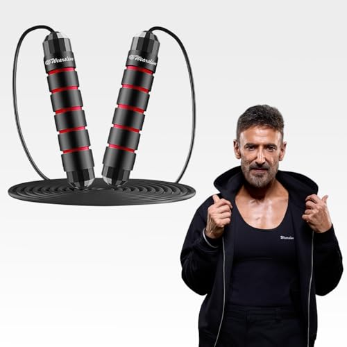 Wearslim Professional Skipping Rope for Men & Women with Ball Bearings Rapid Speed weighted Jump Rope Cable & 6” Memory Foam Handles Tangle-Free Jumping Rope for Kids - Black & Red - Image 1
