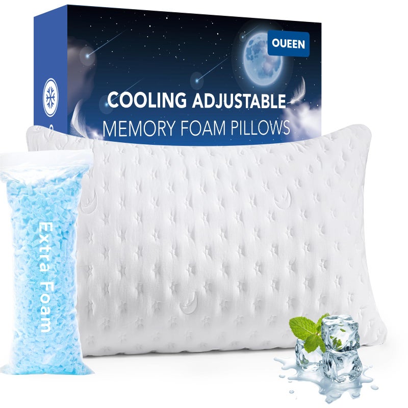 KUCEY Cooling Side Sleeper Pillow for Neck and Shoulder Pain Luxury Shredded Memory Foam Curved Bed Pillows for Sleeping Set of 1 Adjustable Queen Size Washable Cover Original White