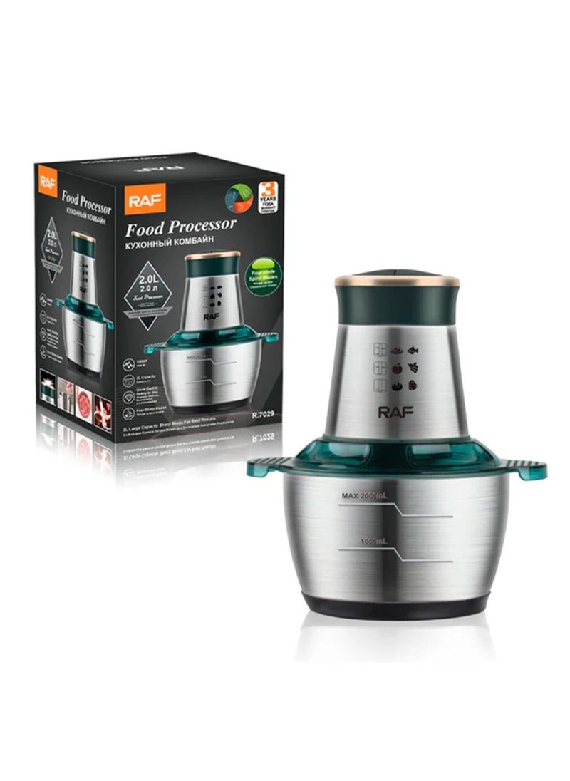 RAF - Stainless Steel Food Processor, Stalis Bowl, 1000 Watt, 2 Liters, Powerful R.7029 Motor Chops Vegetables, Grinds Meats and Processes Sauces Quickly - Image 1