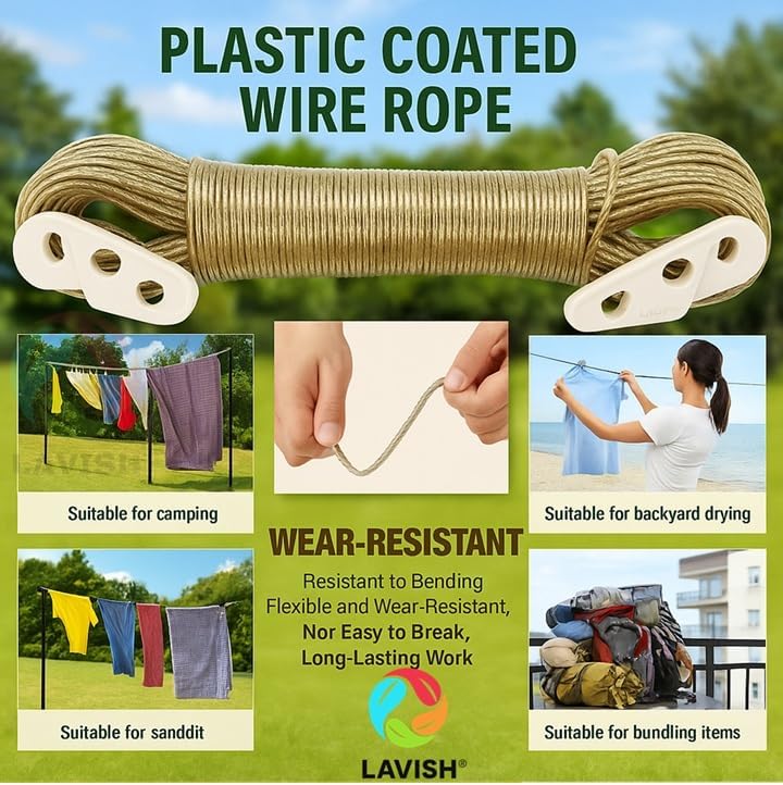 Lavish PVC Coated Stainless Steel Clothesline With Hanging Clips, Durable Laundry Line for Hanging Clothes, Bedding, 30M Anti-Sag Metal Wire Rope for Camping, Home Use - Image 3