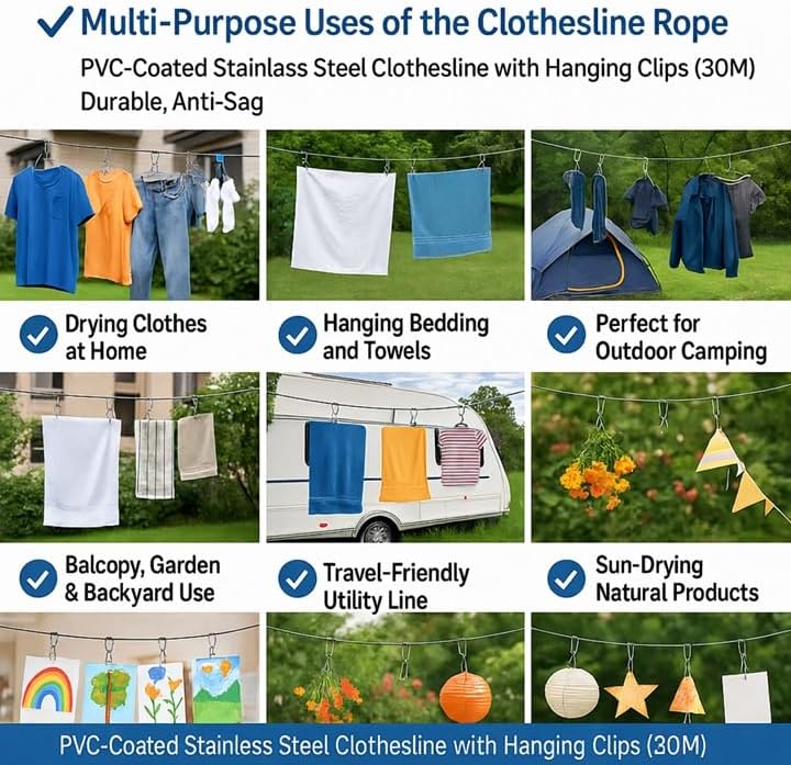 Lavish PVC Coated Stainless Steel Clothesline With Hanging Clips, Durable Laundry Line for Hanging Clothes, Bedding, 30M Anti-Sag Metal Wire Rope for Camping, Home Use - Image 4