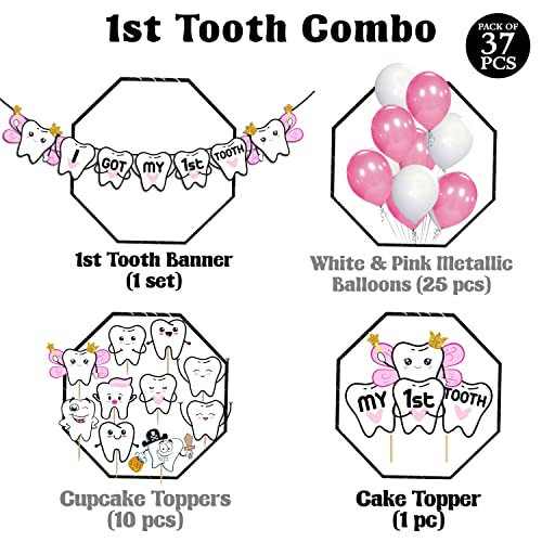 Zyozique 37 Piece -I Got My First Tooth Decoration-First Tooth Decoration-First Tooth Decoration Items for Baby-My First Tooth Decoration-1st tooth photoshoot decoration-Colour Pink - Image 2