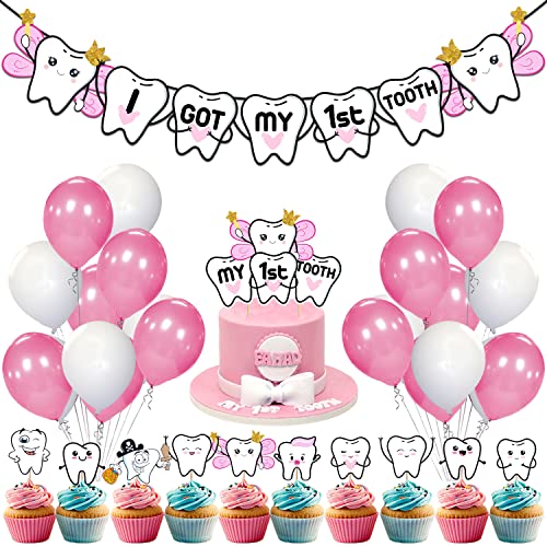Zyozique 37 Piece -I Got My First Tooth Decoration-First Tooth Decoration-First Tooth Decoration Items for Baby-My First Tooth Decoration-1st tooth photoshoot decoration-Colour Pink - Image 1